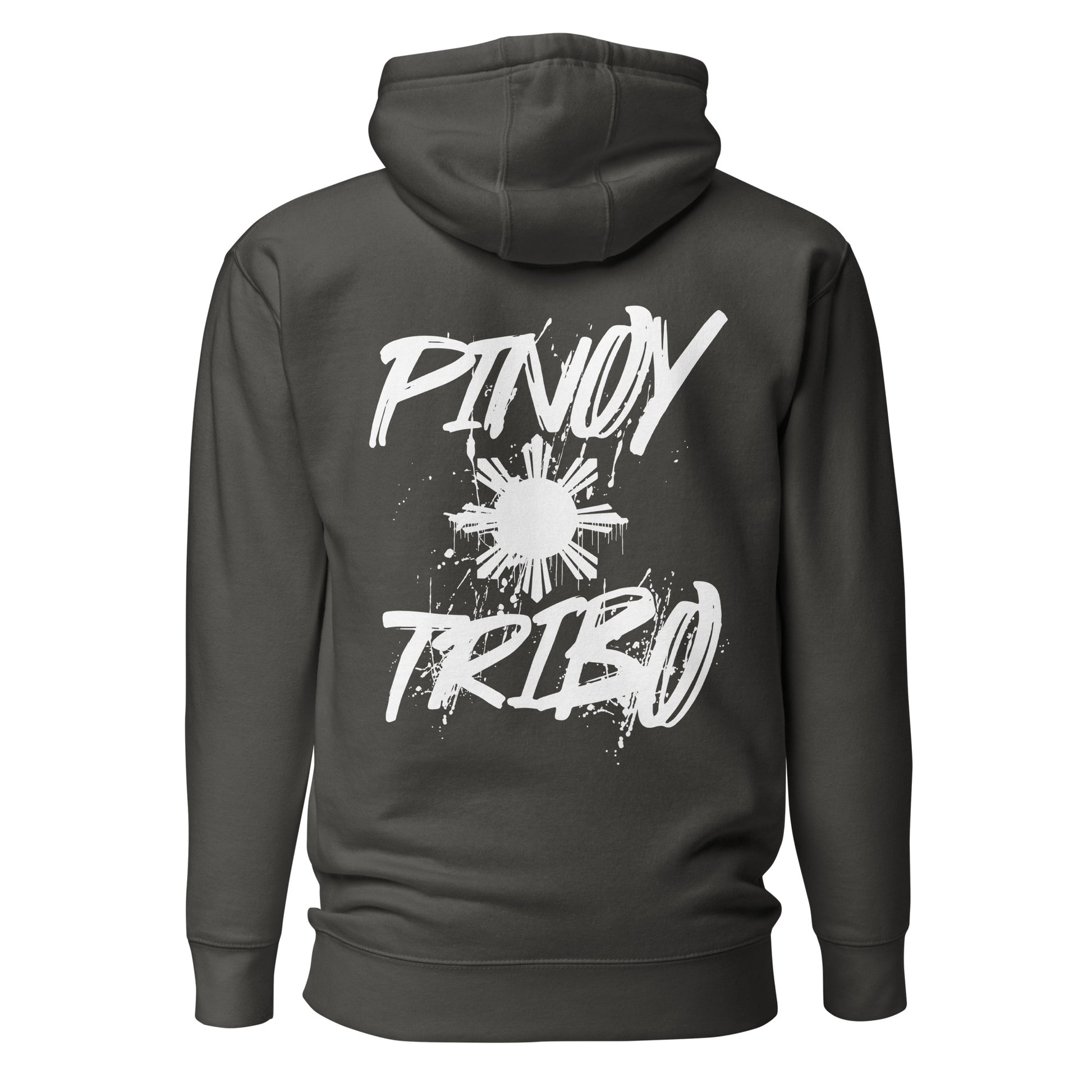 Pullover hoodie with clean “Pinoy Tribo” sun logo on left chest and large graffiti-style Filipino sun design on the back