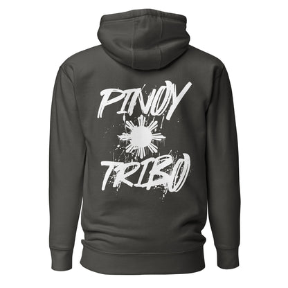 Pullover hoodie with clean “Pinoy Tribo” sun logo on left chest and large graffiti-style Filipino sun design on the back