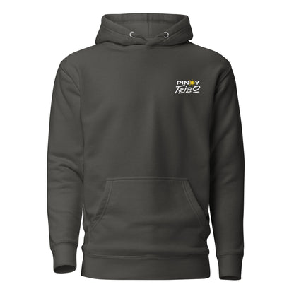 Pullover hoodie with clean “Pinoy Tribo” sun logo on left chest and large graffiti-style Filipino sun design on the back