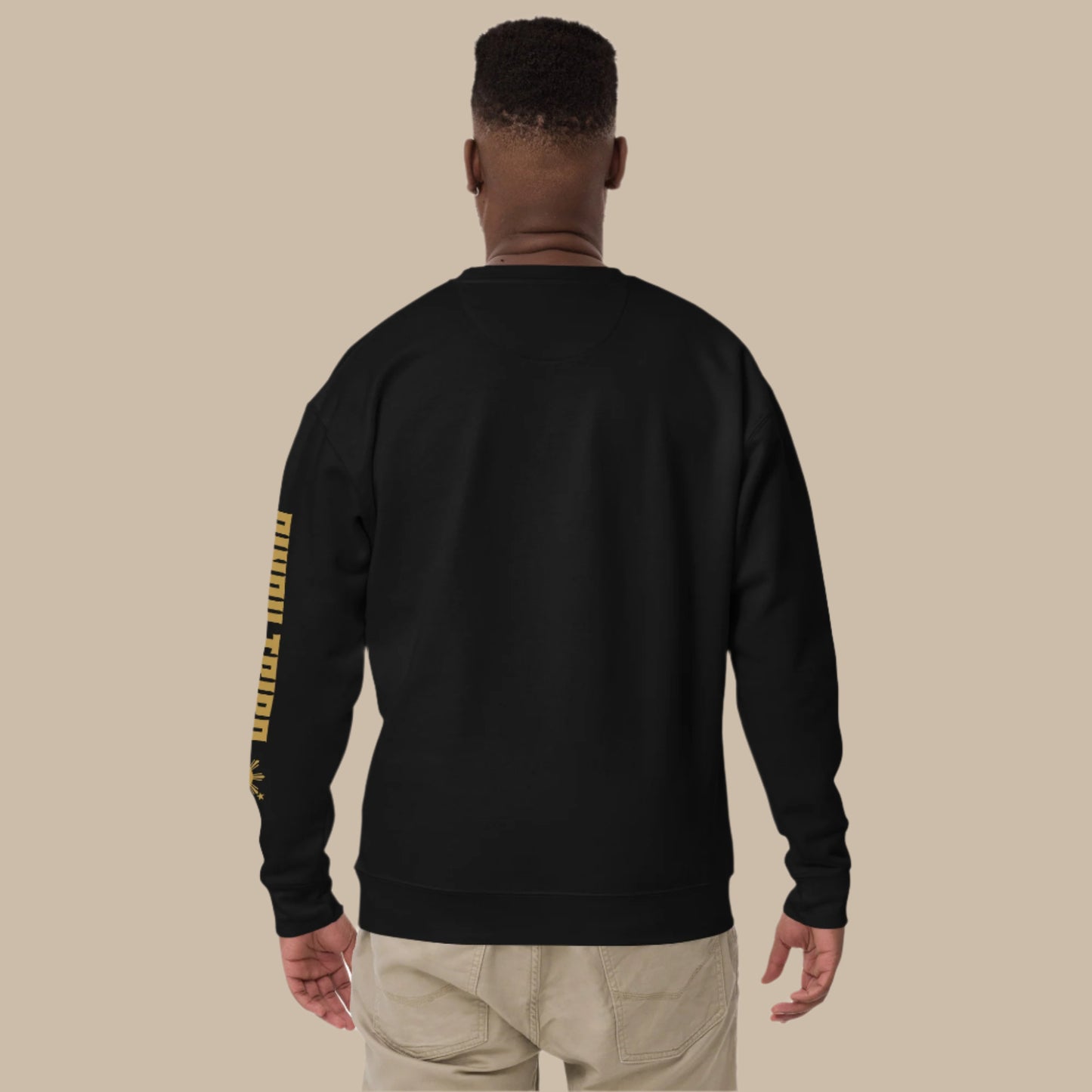 Crewneck sweatshirt with vertical "PINOY TRIBO" text and Filipino sun on sleeve, Baybayin character design on left chest