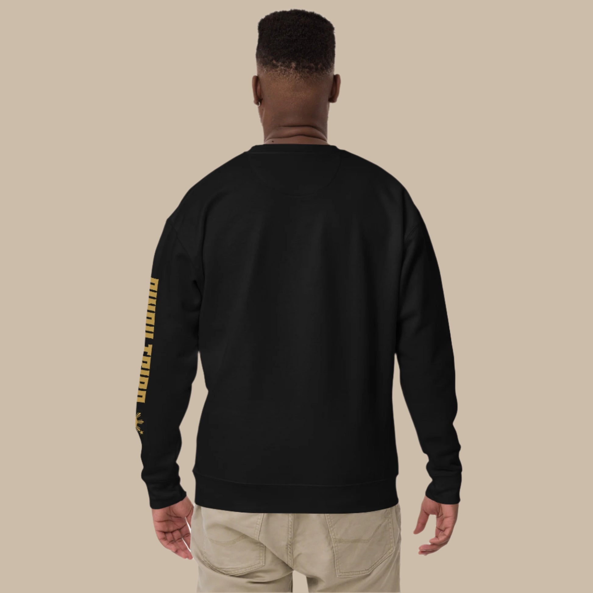 Crewneck sweatshirt with vertical "PINOY TRIBO" text and Filipino sun on sleeve, Baybayin character design on left chest