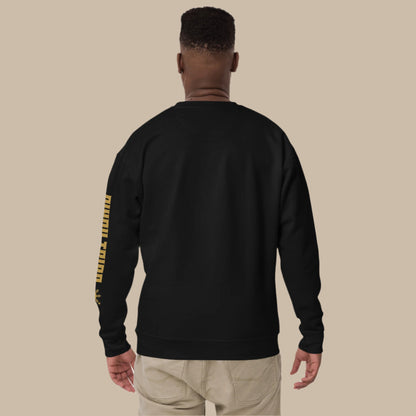 Crewneck sweatshirt with vertical "PINOY TRIBO" text and Filipino sun on sleeve, Baybayin character design on left chest