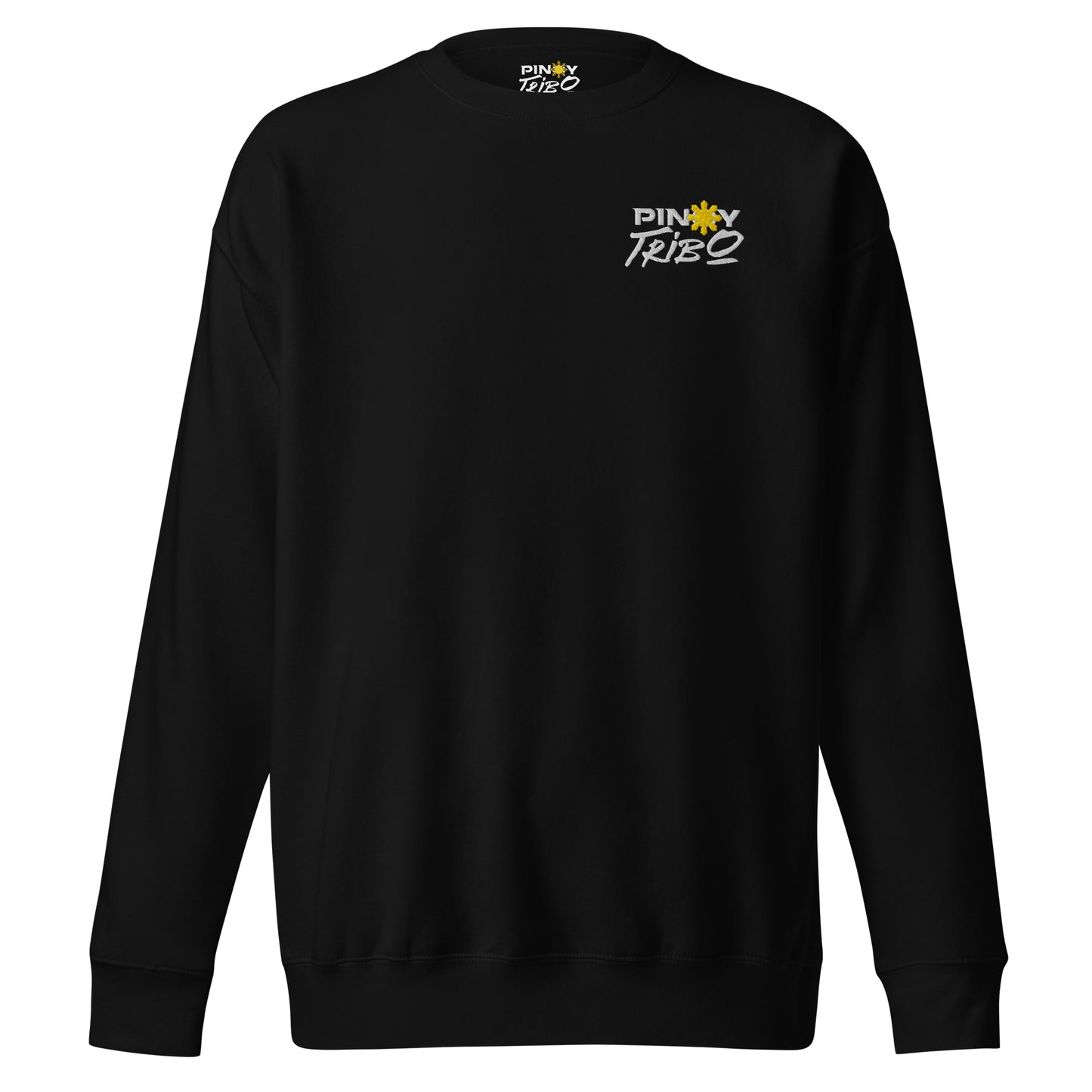 PINOY TRIBO™ logo with bold white text and the iconic yellow Philippine sun, embroidered on a cozy ultra-soft crewneck sweatshirt, perfect for showcasing Filipino pride.
