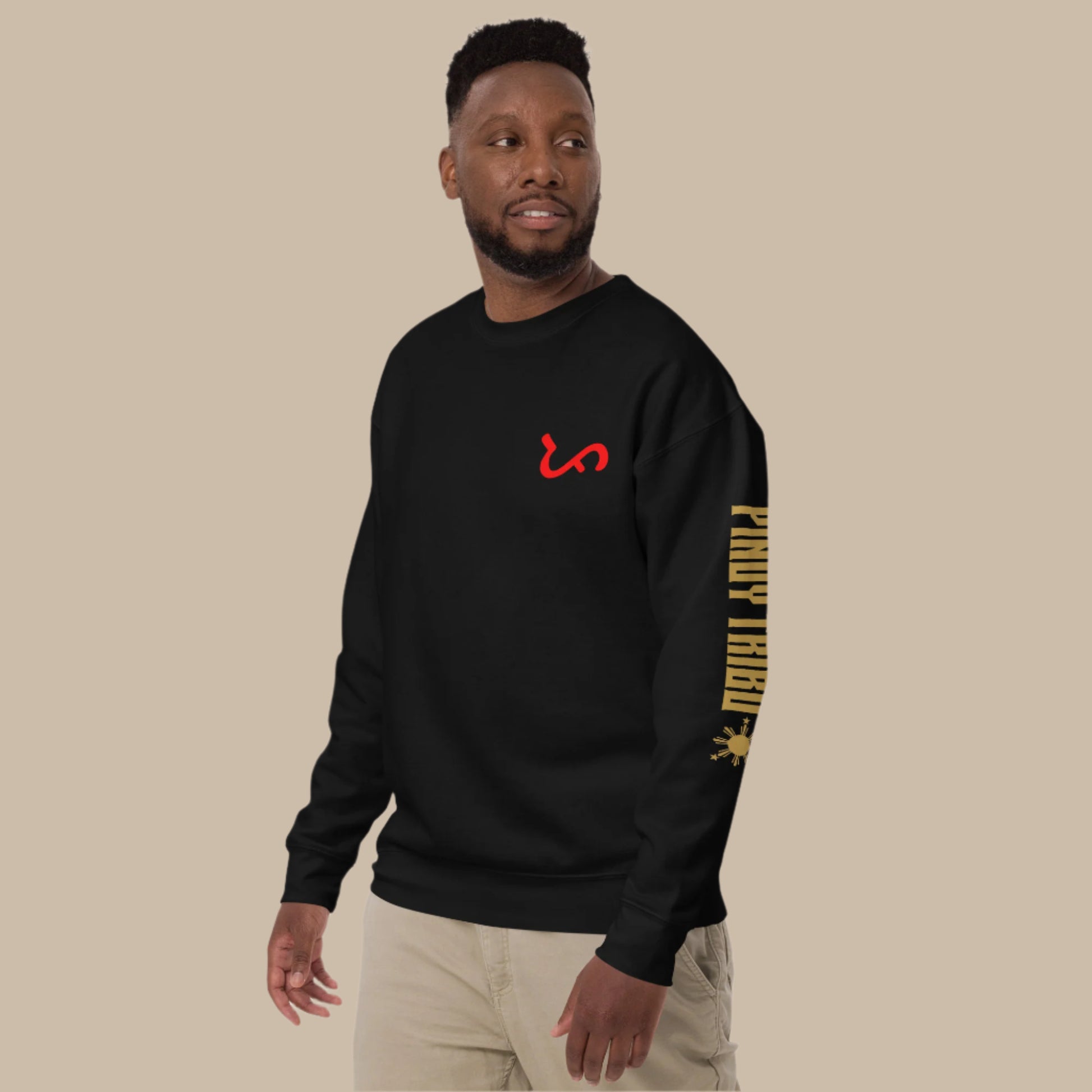 Crewneck sweatshirt with vertical "PINOY TRIBO" text and Filipino sun on sleeve, Baybayin character design on left chest
