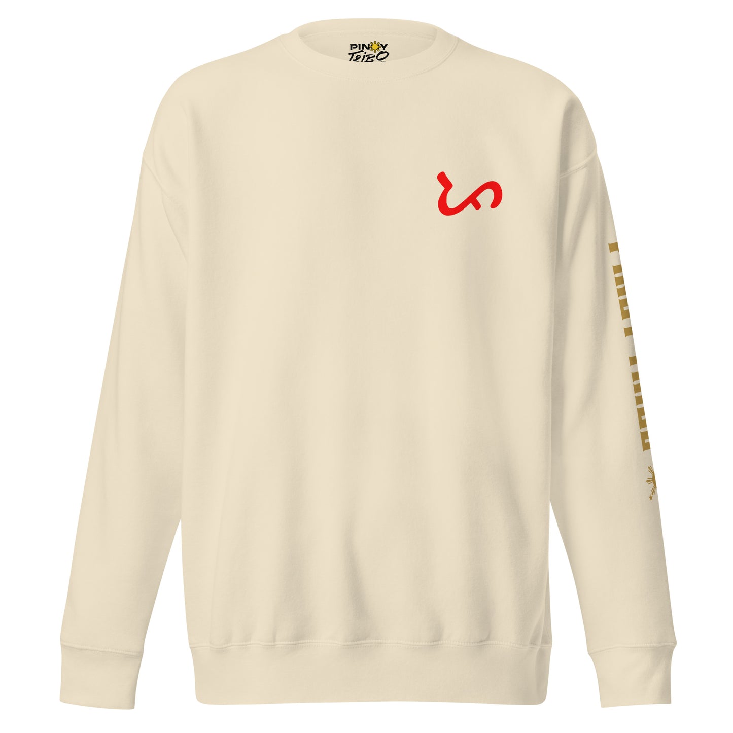 Crewneck sweatshirt with vertical "PINOY TRIBO" text and Filipino sun on sleeve, Baybayin character design on left chest