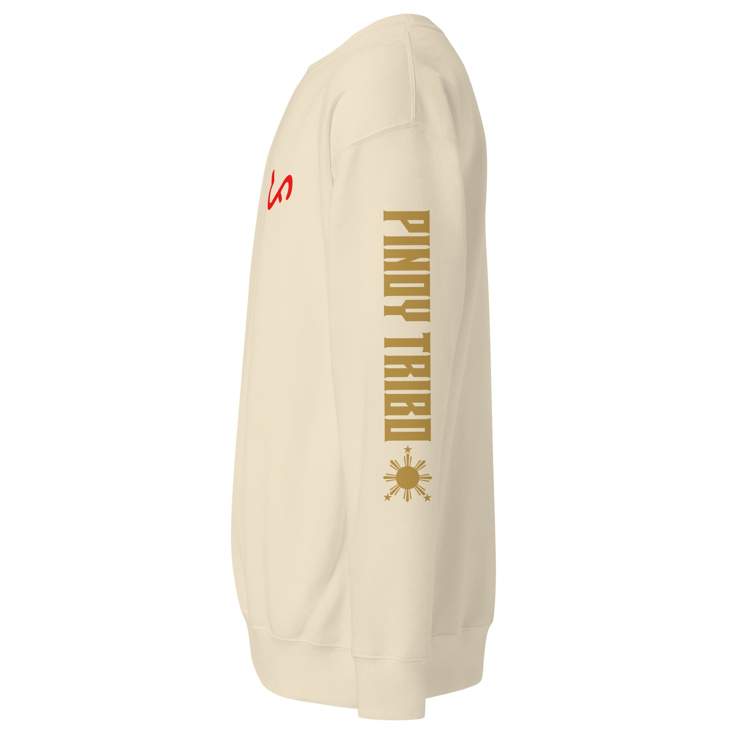 Crewneck sweatshirt with vertical "PINOY TRIBO" text and Filipino sun on sleeve, Baybayin character design on left chest