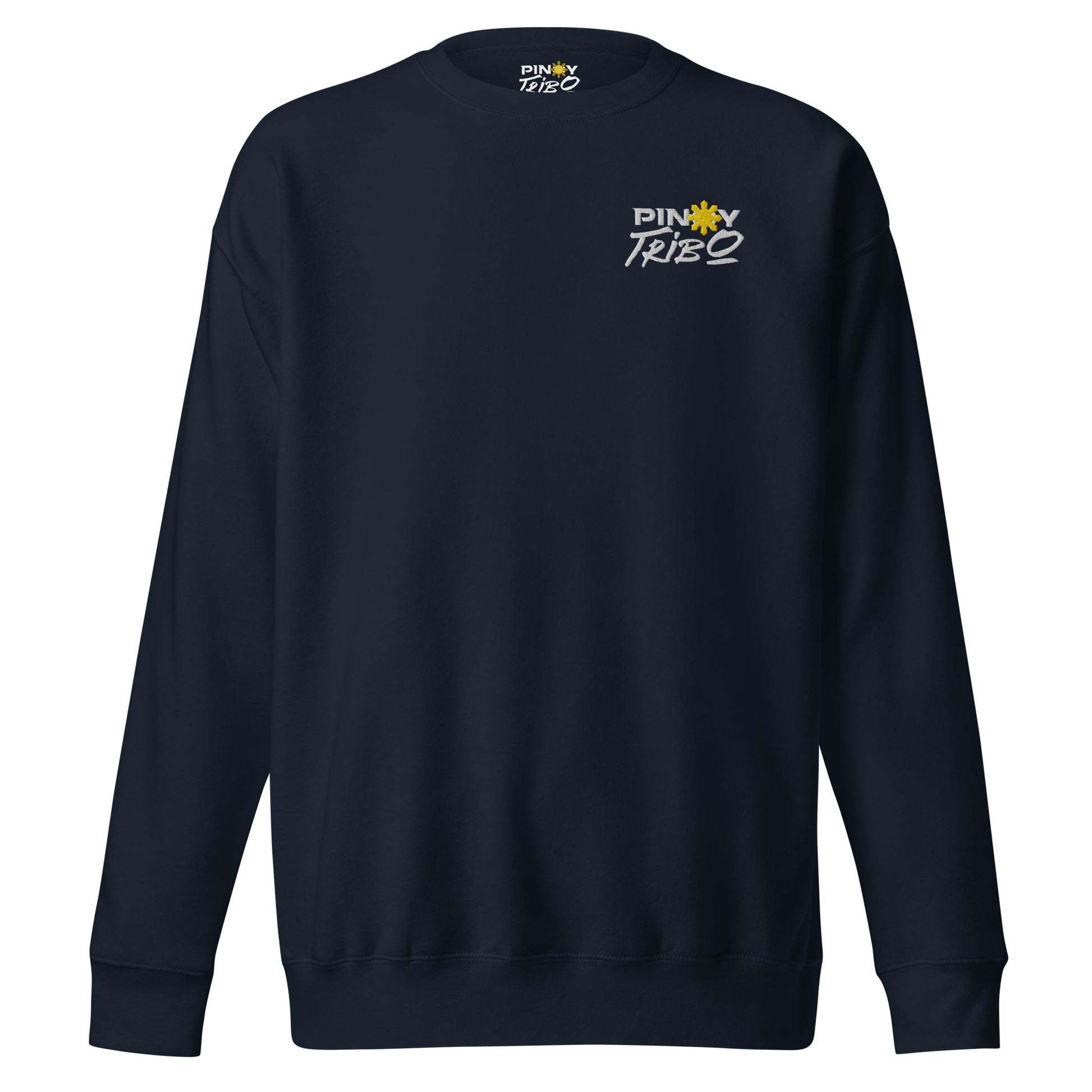 PINOY TRIBO™ logo with bold white text and the iconic yellow Philippine sun, embroidered on a cozy ultra-soft crewneck sweatshirt, perfect for showcasing Filipino pride.