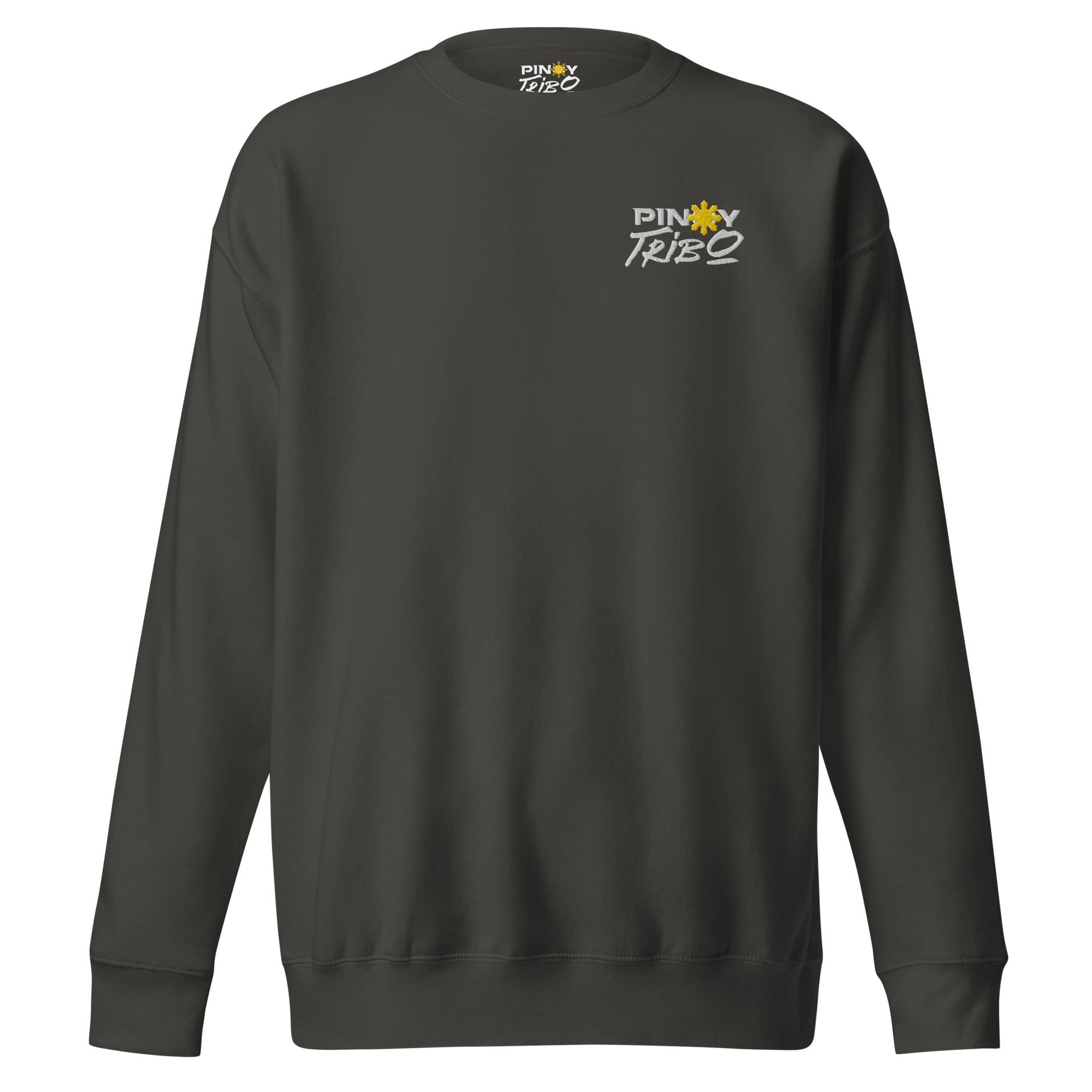 PINOY TRIBO™ logo with bold white text and the iconic yellow Philippine sun, embroidered on a cozy ultra-soft crewneck sweatshirt, perfect for showcasing Filipino pride.