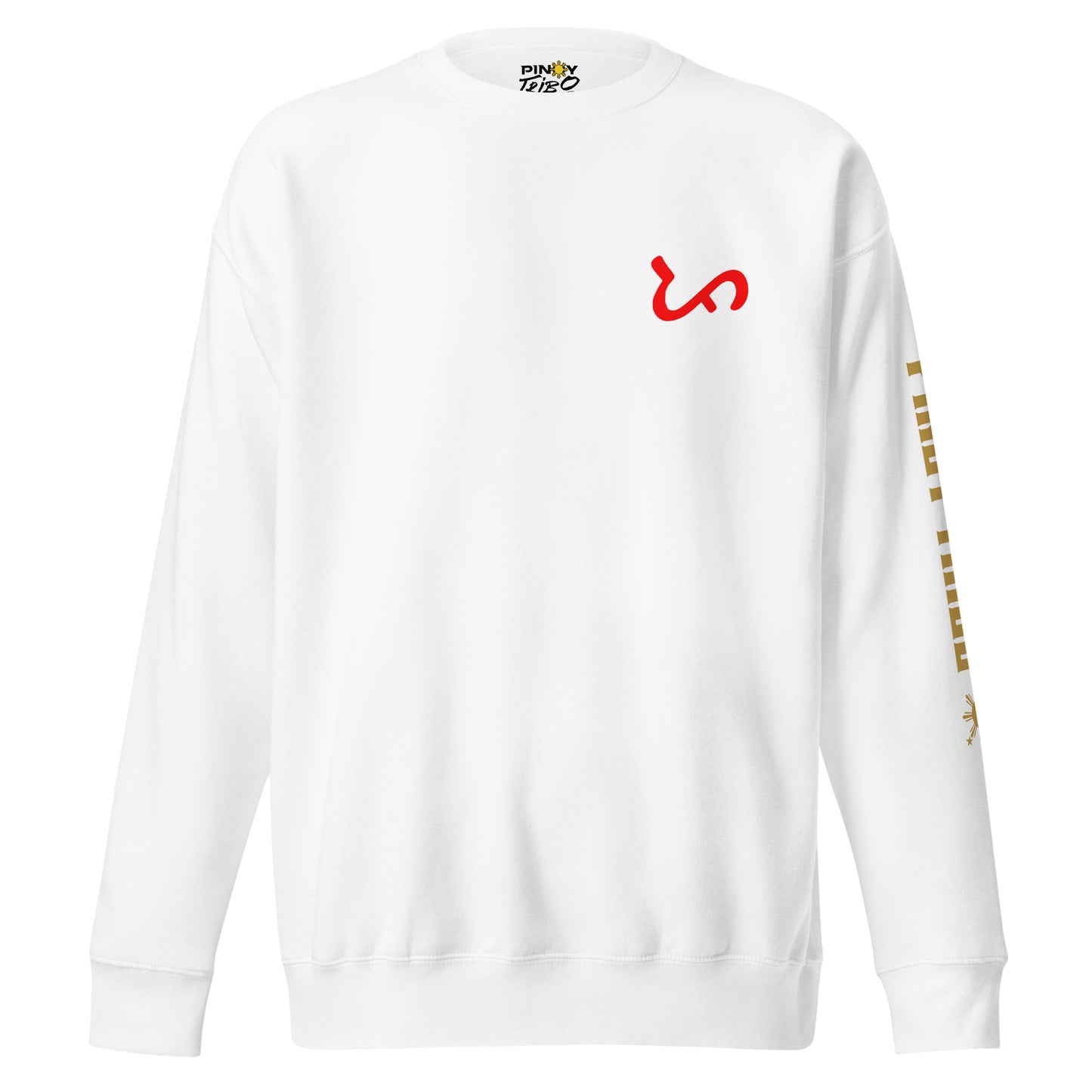Crewneck sweatshirt with vertical "PINOY TRIBO" text and Filipino sun on sleeve, Baybayin character design on left chest