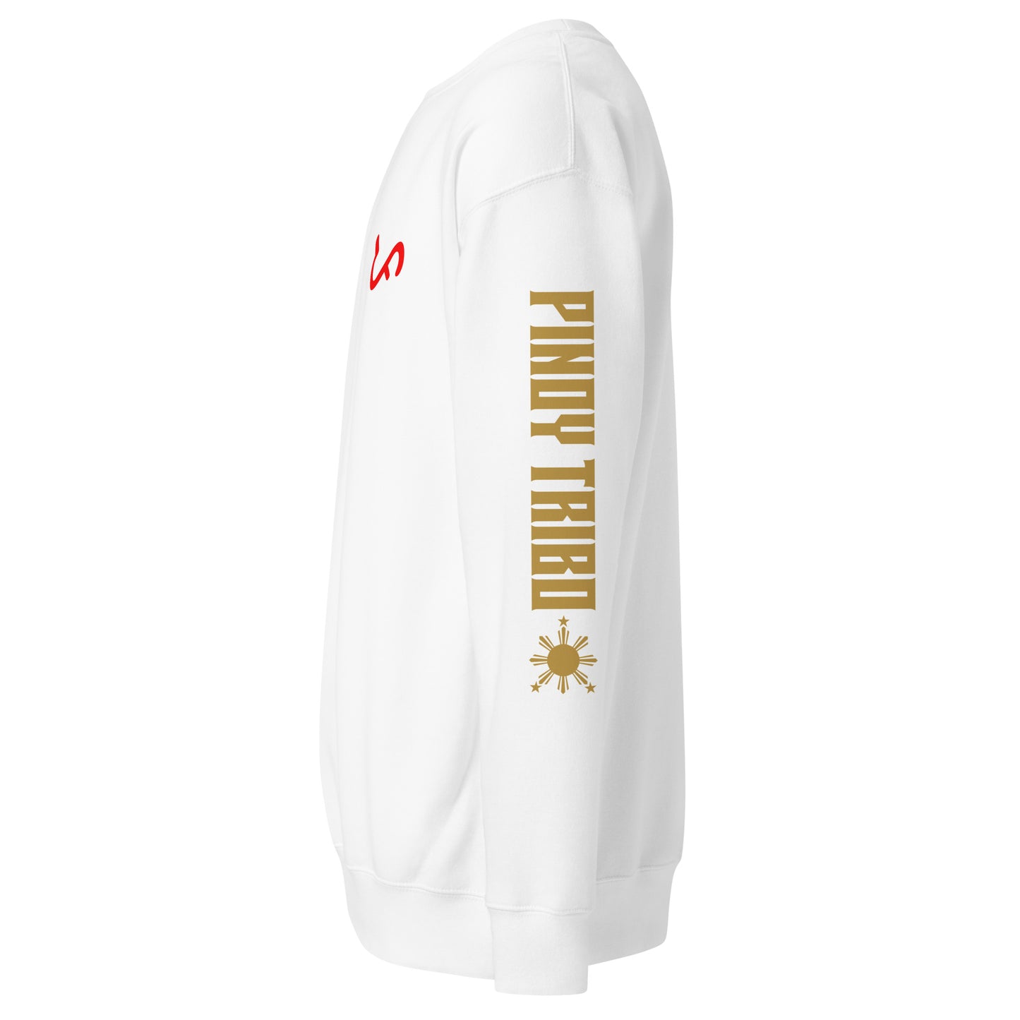 Crewneck sweatshirt with vertical "PINOY TRIBO" text and Filipino sun on sleeve, Baybayin character design on left chest