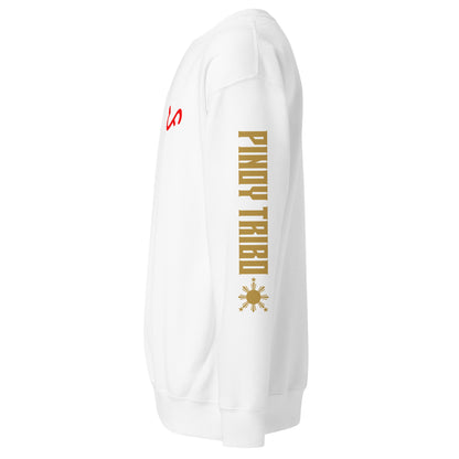 Crewneck sweatshirt with vertical "PINOY TRIBO" text and Filipino sun on sleeve, Baybayin character design on left chest