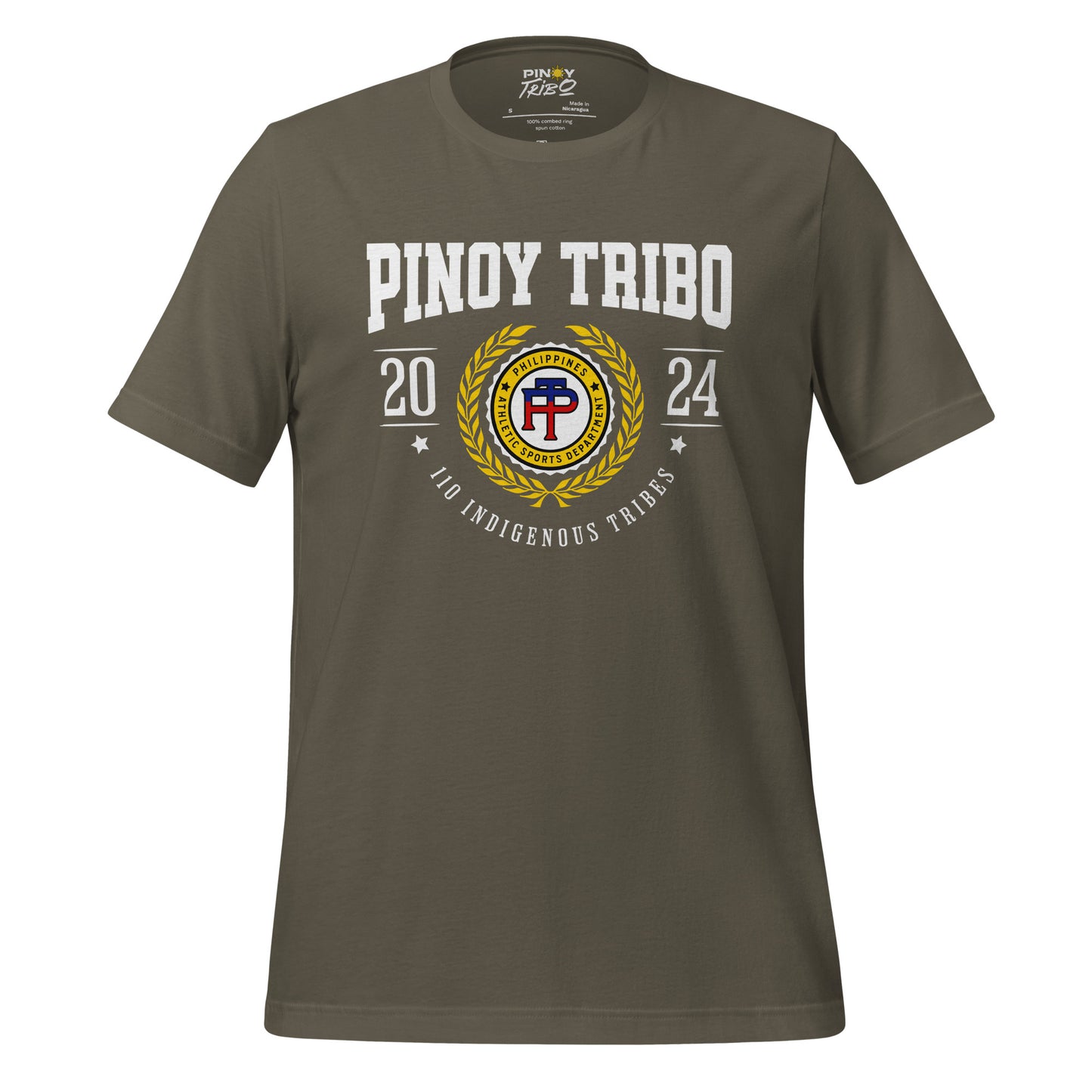 T-shirt featuring a Pinoy Tribo athletic crest design with laurel wreath, '110 Indigenous Tribes,' and 'Philippines Athletic Sports Department' text.