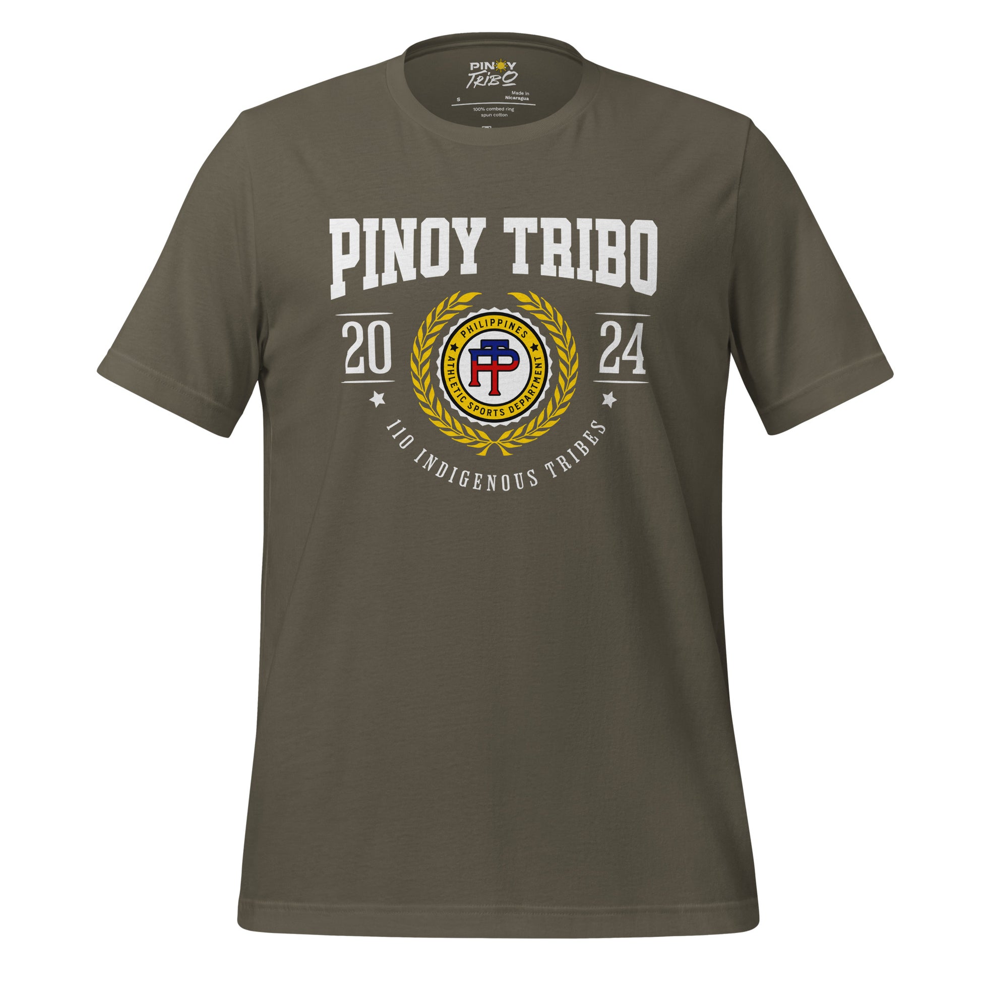 T-shirt featuring a Pinoy Tribo athletic crest design with laurel wreath, '110 Indigenous Tribes,' and 'Philippines Athletic Sports Department' text.