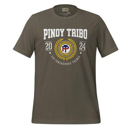 T-shirt featuring a Pinoy Tribo athletic crest design with laurel wreath, '110 Indigenous Tribes,' and 'Philippines Athletic Sports Department' text.