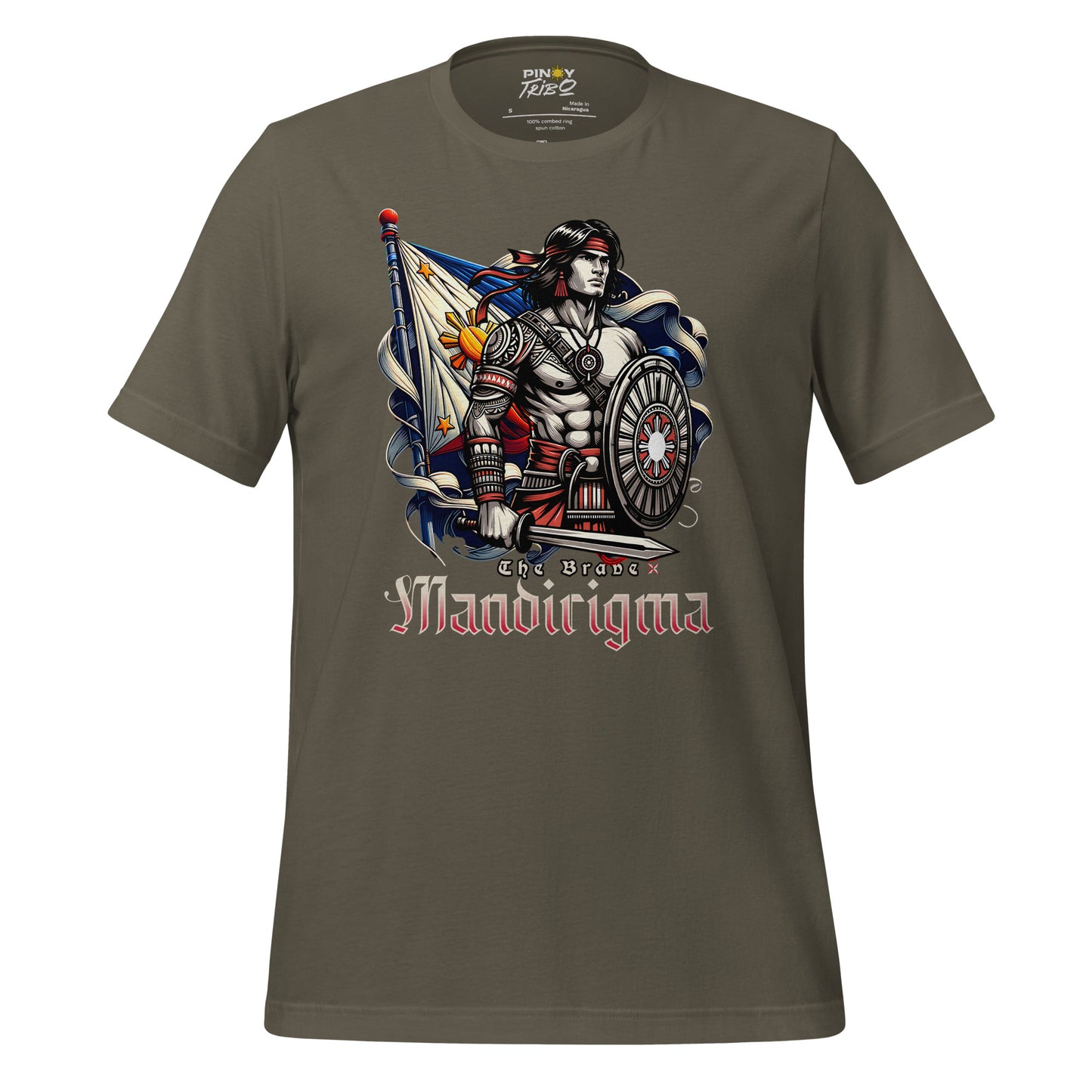 Filipino warrior Mandirigma graphic tee featuring intricate tribal armor, a shield, and the Philippine flag, symbolizing Filipino strength and pride.