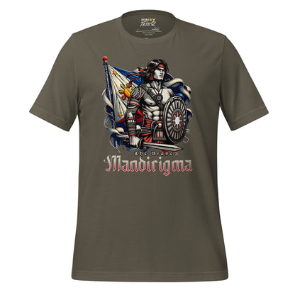 Filipino warrior Mandirigma graphic tee featuring intricate tribal armor, a shield, and the Philippine flag, symbolizing Filipino strength and pride.