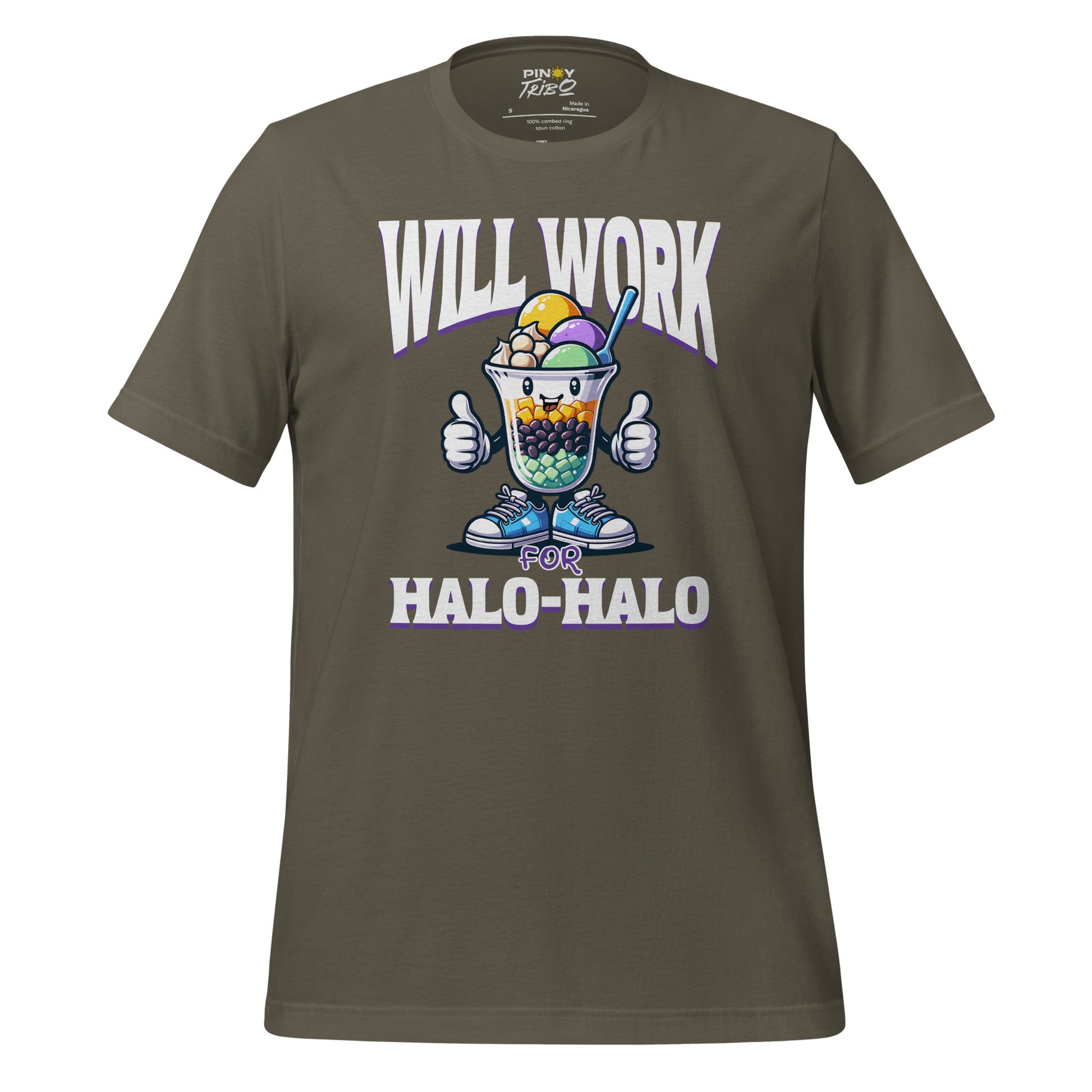 Will Work for Halo-Halo graphic t-shirt featuring a cute, smiling halo-halo dessert character with sneakers and thumbs up, styled in a fun and colorful Filipino-inspired design.