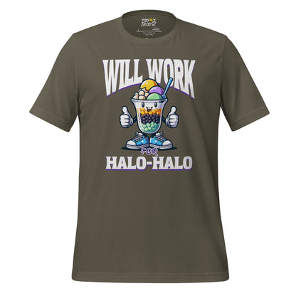 Will Work for Halo-Halo graphic t-shirt featuring a cute, smiling halo-halo dessert character with sneakers and thumbs up, styled in a fun and colorful Filipino-inspired design.