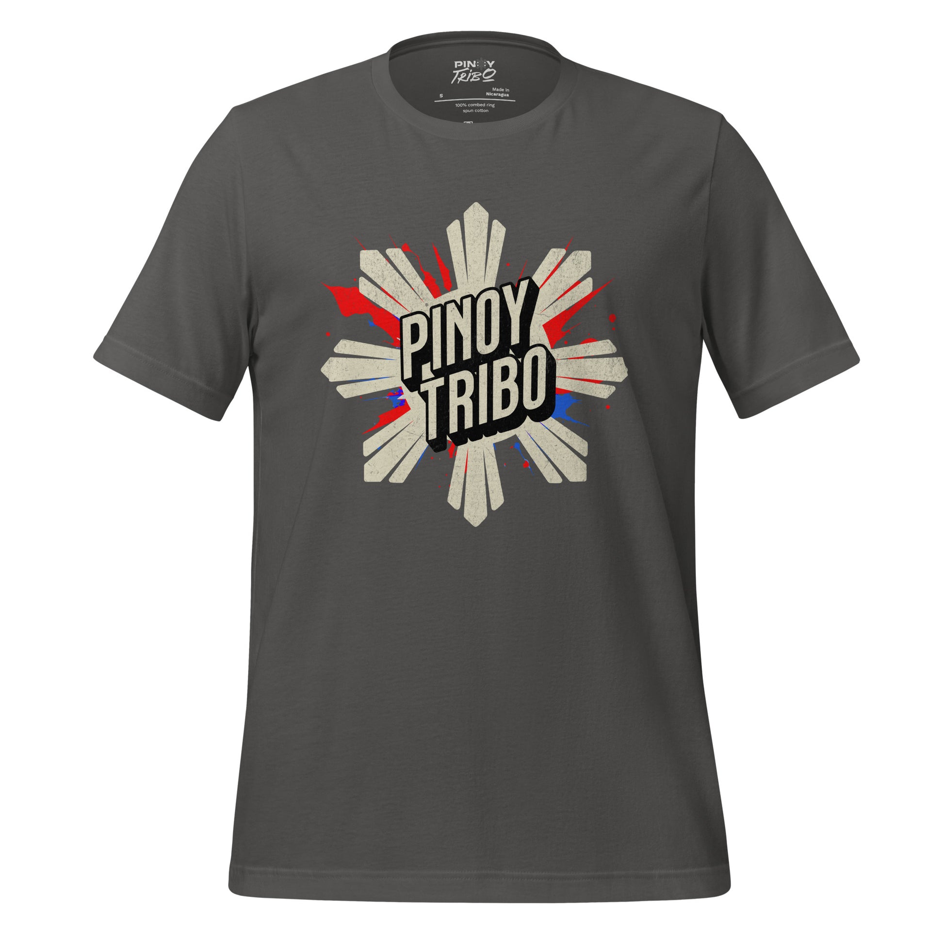 A distressed-style graphic t-shirt featuring a bold sunburst design with red and blue paint splashes, and the text "Pinoy Tribo," symbolizing Filipino pride and culture.