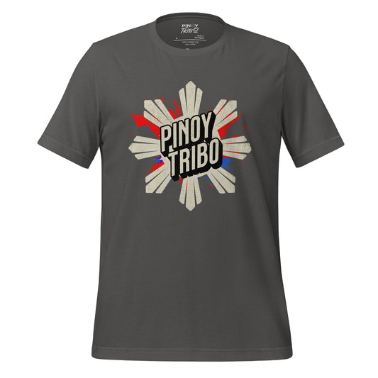 A distressed-style graphic t-shirt featuring a bold sunburst design with red and blue paint splashes, and the text "Pinoy Tribo," symbolizing Filipino pride and culture.