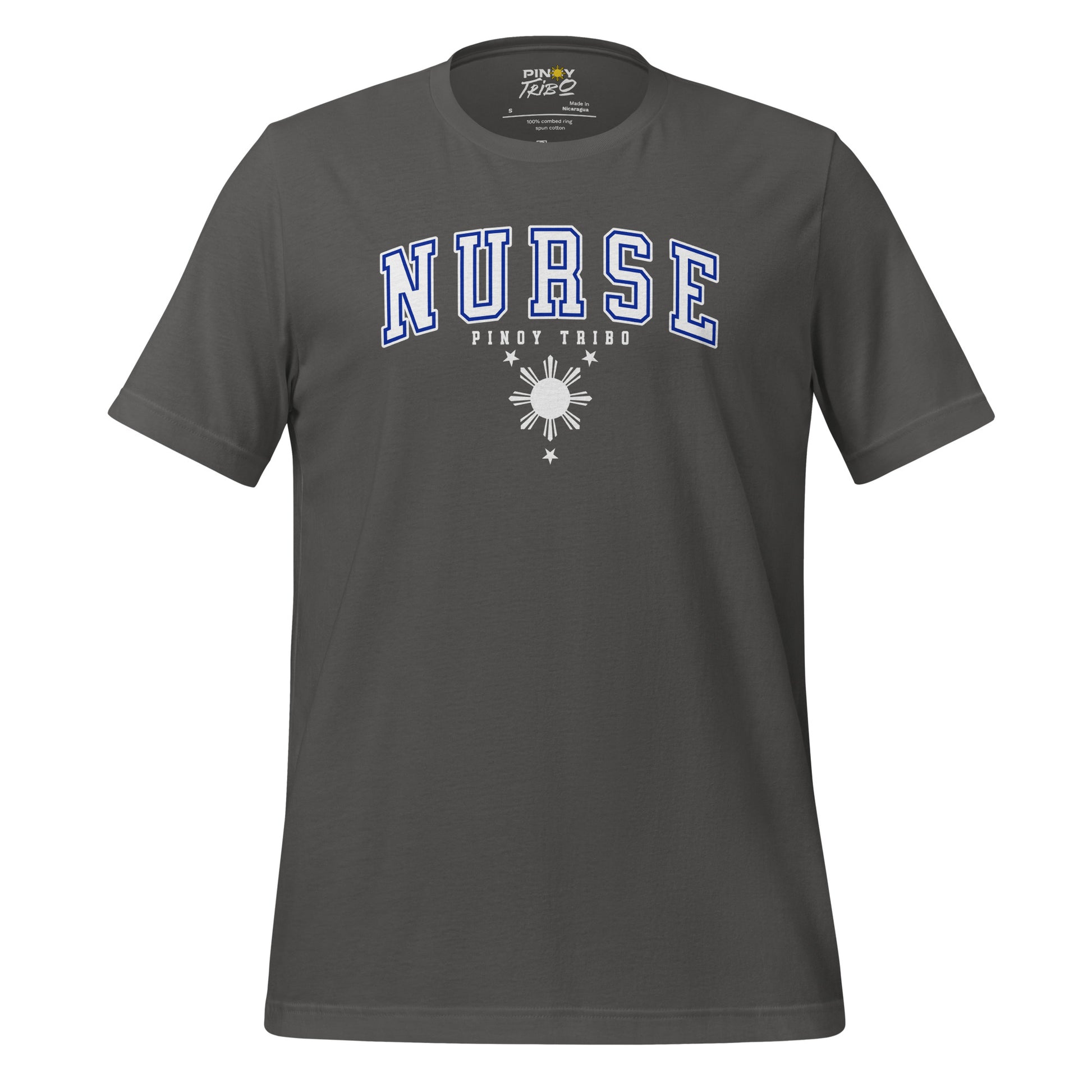 T-shirt with 'Nurse' in collegiate-style text, the words 'Pinoy Tribo,' and a Filipino sun and stars design, part of PINOY TRIBO™'s Filipino-inspired apparel collection.