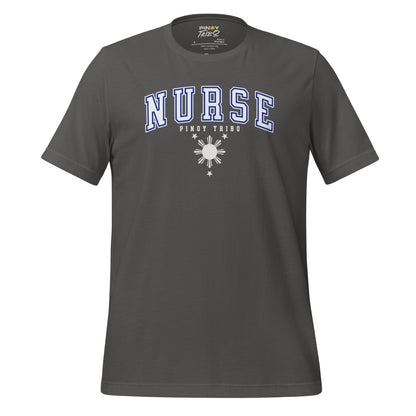 T-shirt with 'Nurse' in collegiate-style text, the words 'Pinoy Tribo,' and a Filipino sun and stars design, part of PINOY TRIBO™'s Filipino-inspired apparel collection.