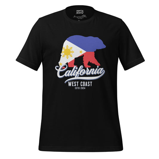 California bear silhouette filled with the Philippine flag design, featuring 'California West Coast ESTD 2024' text for a Filipino American pride t-shirt.