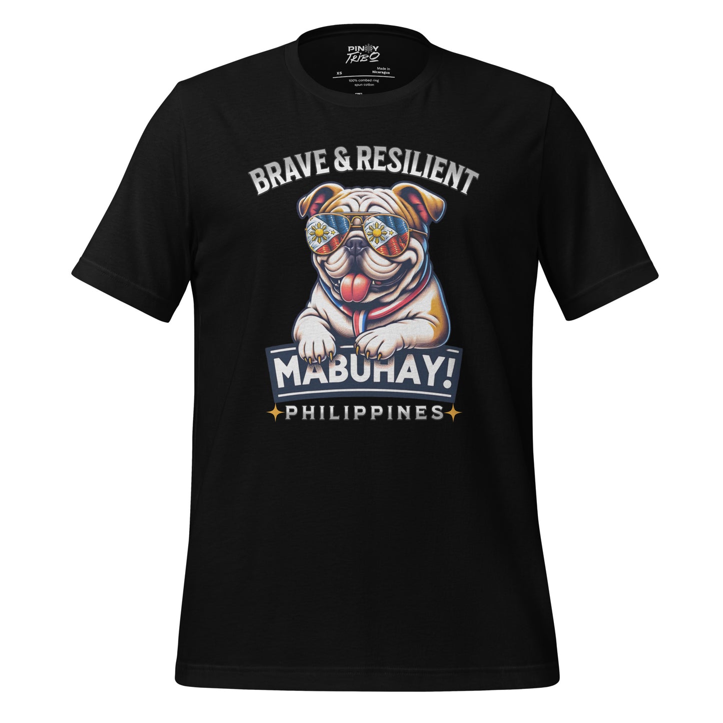 A bulldog wearing sunglasses featuring the Philippine flag, with bold "Brave & Resilient" text above and "Mabuhay Philippines" below, symbolizing Filipino pride and resilience.

