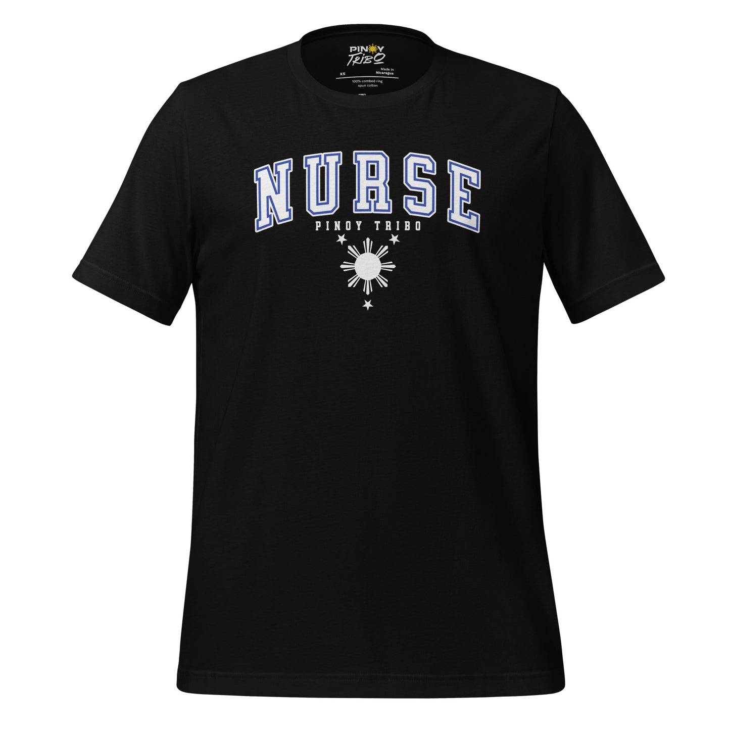 T-shirt with 'Nurse' in collegiate-style text, the words 'Pinoy Tribo,' and a Filipino sun and stars design, part of PINOY TRIBO™'s Filipino-inspired apparel collection.