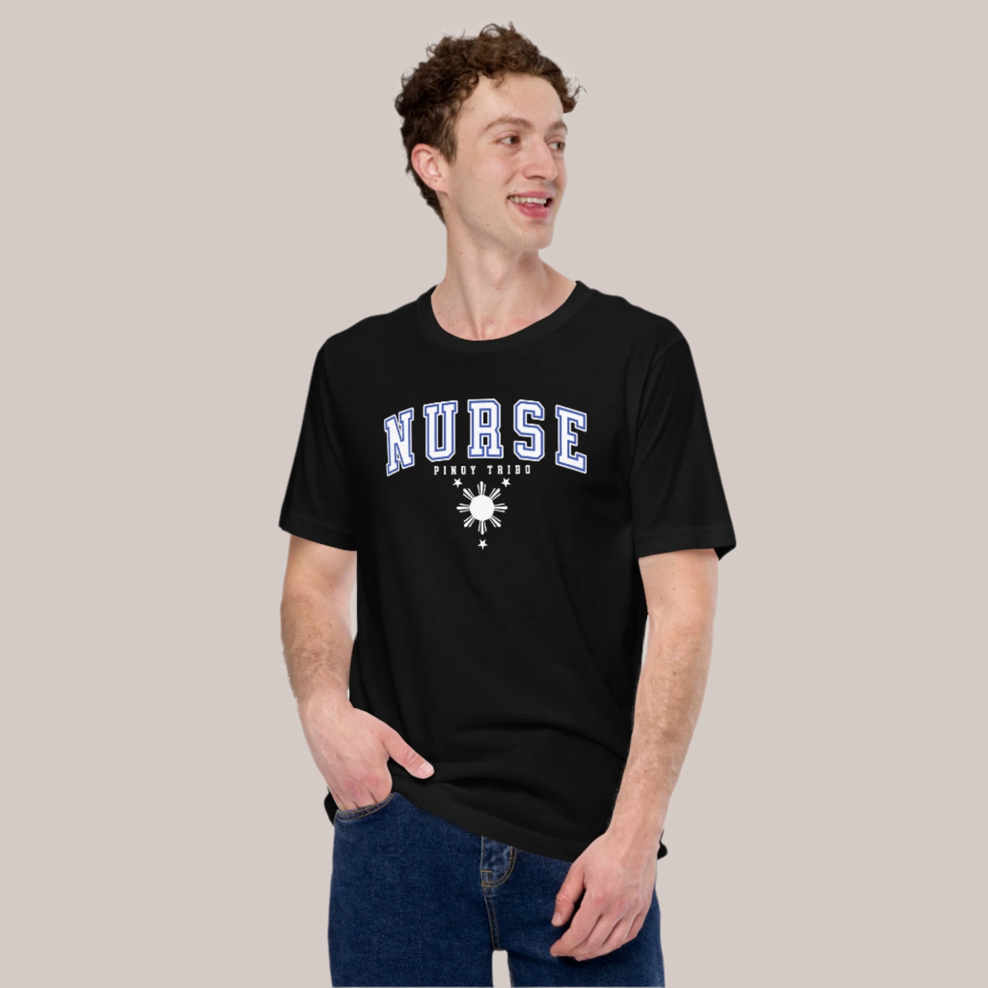 T-shirt with 'Nurse' in collegiate-style text, the words 'Pinoy Tribo,' and a Filipino sun and stars design, part of PINOY TRIBO™'s Filipino-inspired apparel collection.