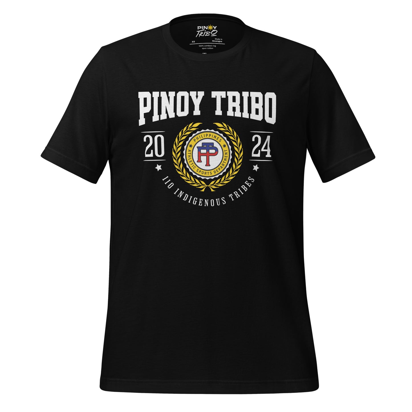 T-shirt featuring a Pinoy Tribo athletic crest design with laurel wreath, '110 Indigenous Tribes,' and 'Philippines Athletic Sports Department' text.