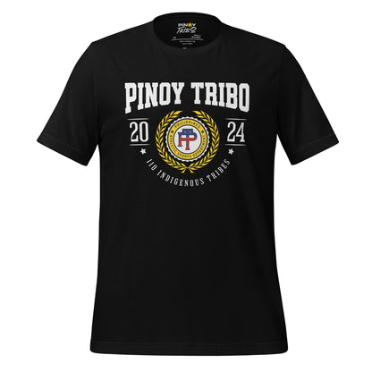 T-shirt featuring a Pinoy Tribo athletic crest design with laurel wreath, '110 Indigenous Tribes,' and 'Philippines Athletic Sports Department' text.