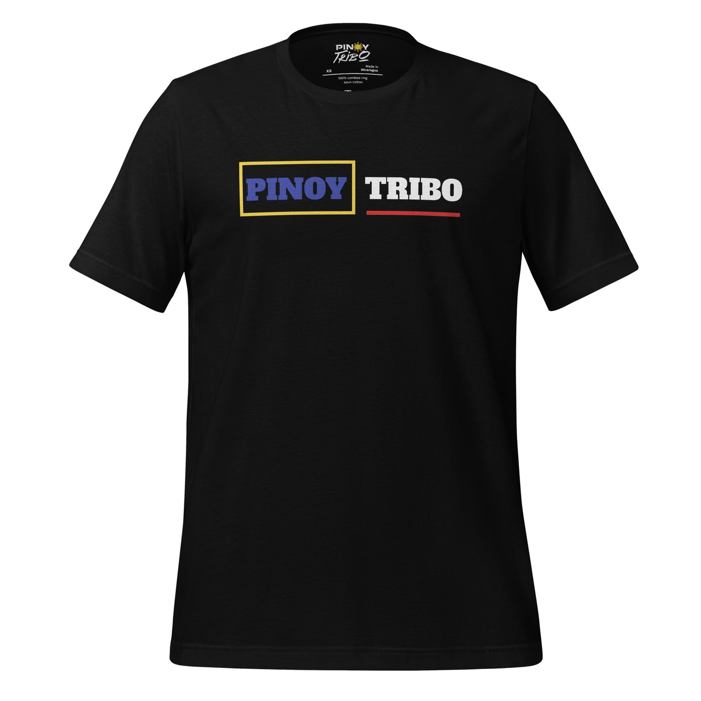 Pinoy Tribo box line graphic tee featuring bold blue, yellow, and red elements symbolizing Filipino pride.