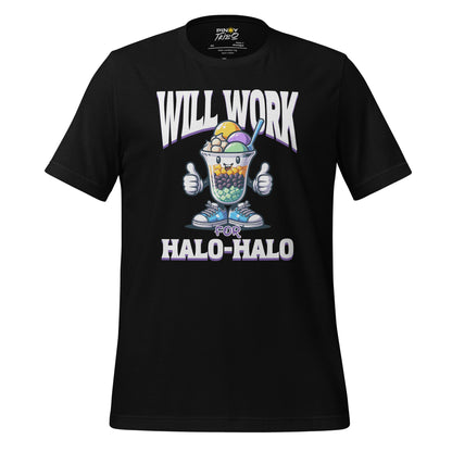 Will Work for Halo-Halo graphic t-shirt featuring a cute, smiling halo-halo dessert character with sneakers and thumbs up, styled in a fun and colorful Filipino-inspired design.