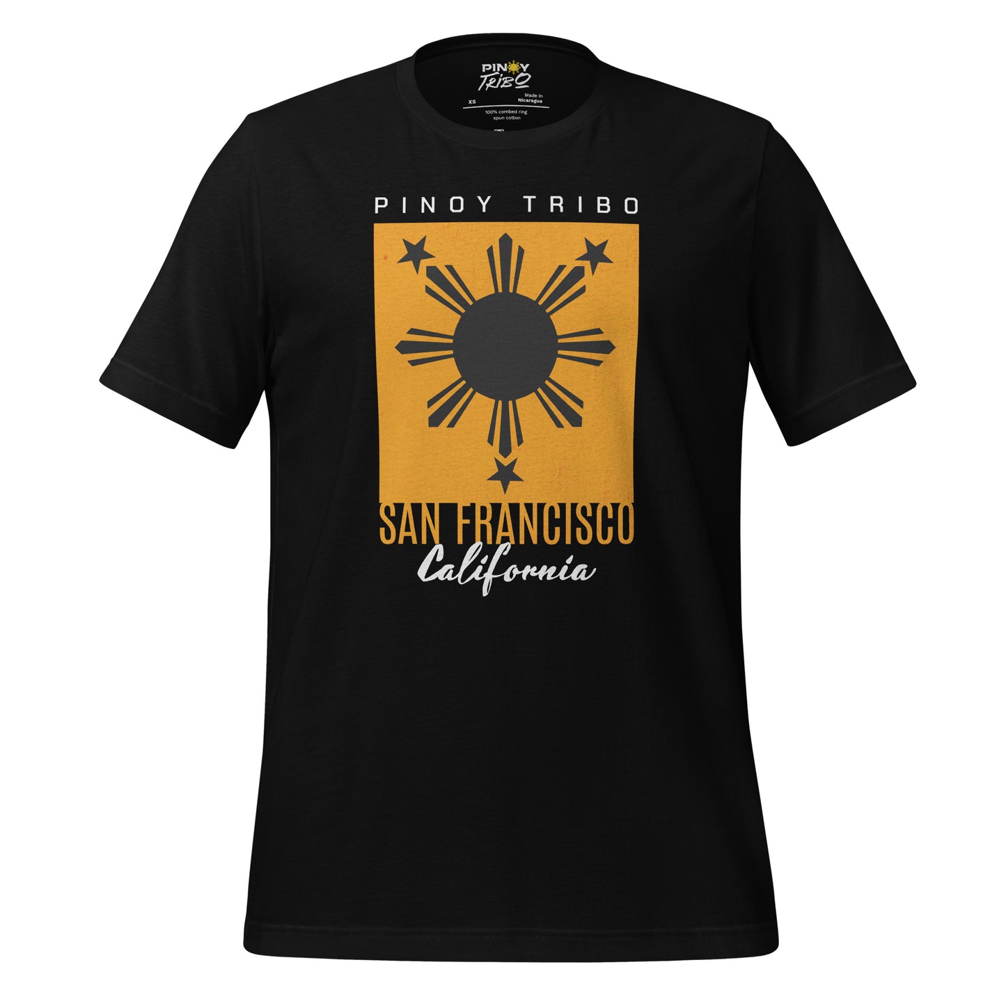 San Francisco California Filipino Sun graphic t-shirt featuring the Philippine sun and three stars in a minimalist, bold design representing Filipino heritage and Pinoy pride.