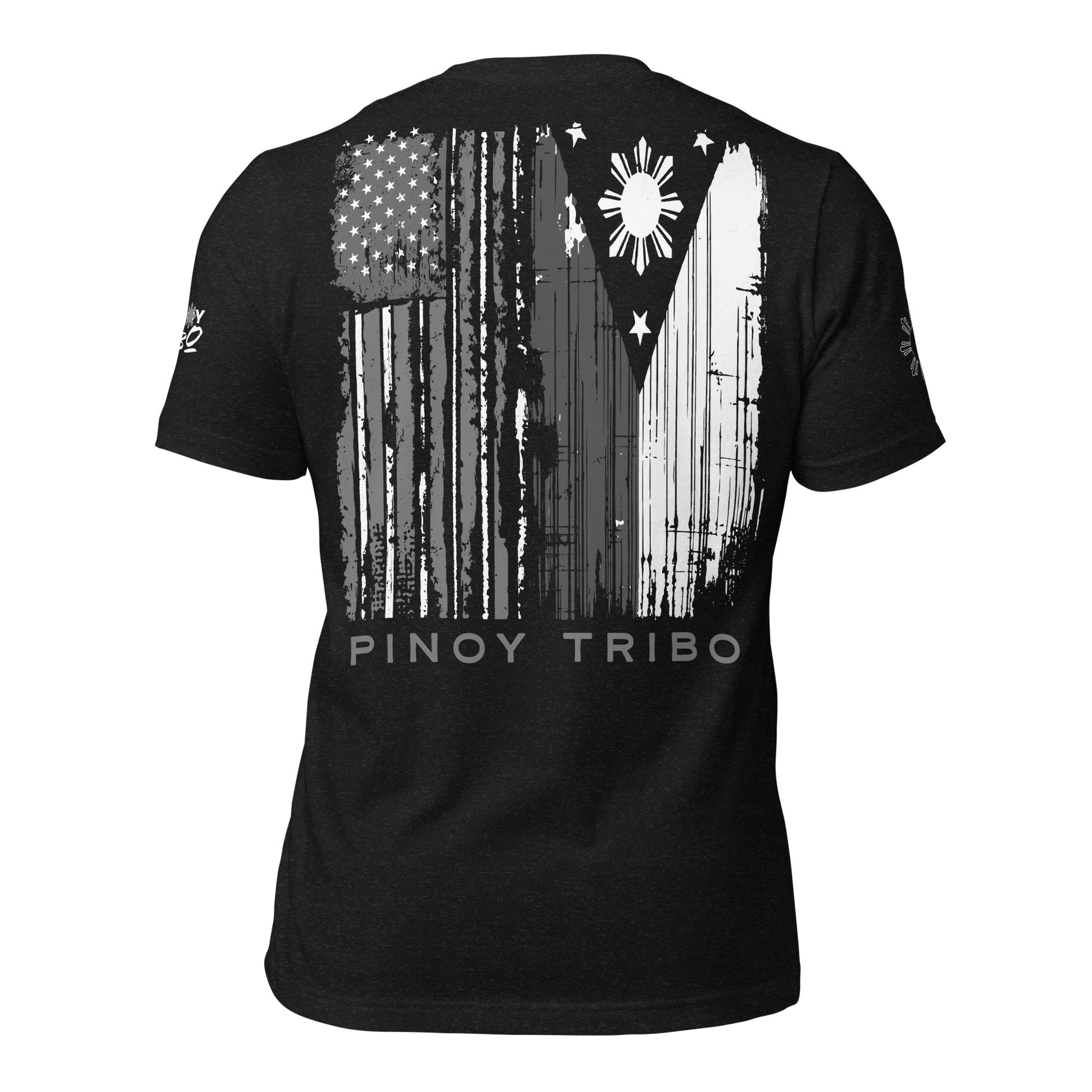 Limited edition Filipino American tee with distressed American and Philippine flags on the back, bold PINOY TRIBO™ Brave & Resilient text on the front, sun star graphic on the right sleeve, and PINOY TRIBO™ logo on the left sleeve.
