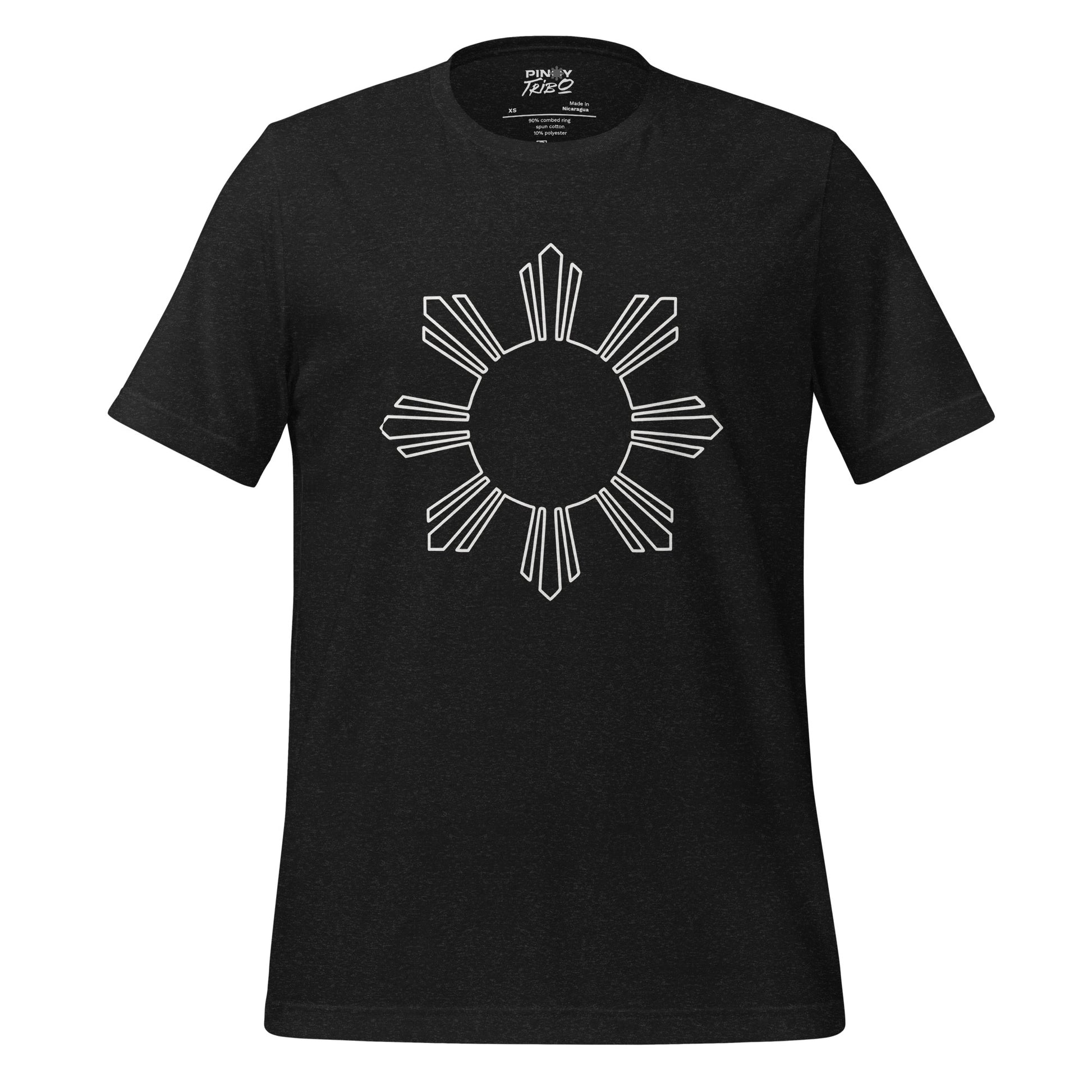 A minimalist t-shirt design featuring a white outline of the iconic Philippine sun, symbolizing Filipino pride and heritage.