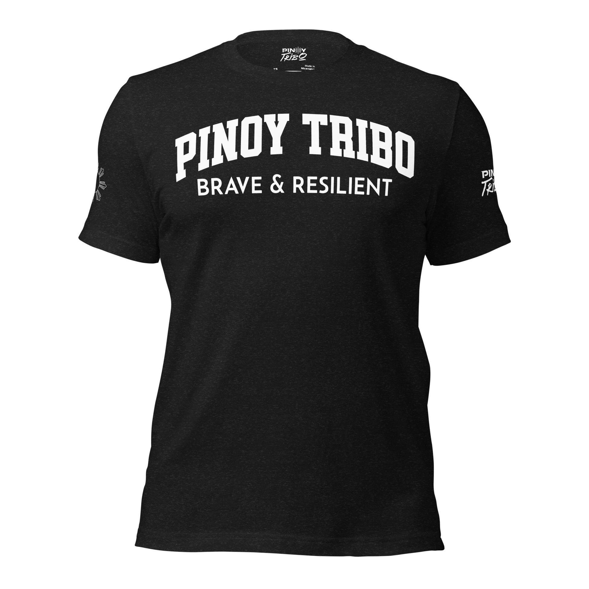 Limited edition Filipino American tee with distressed American and Philippine flags on the back, bold PINOY TRIBO™ Brave & Resilient text on the front, sun star graphic on the right sleeve, and PINOY TRIBO™ logo on the left sleeve.