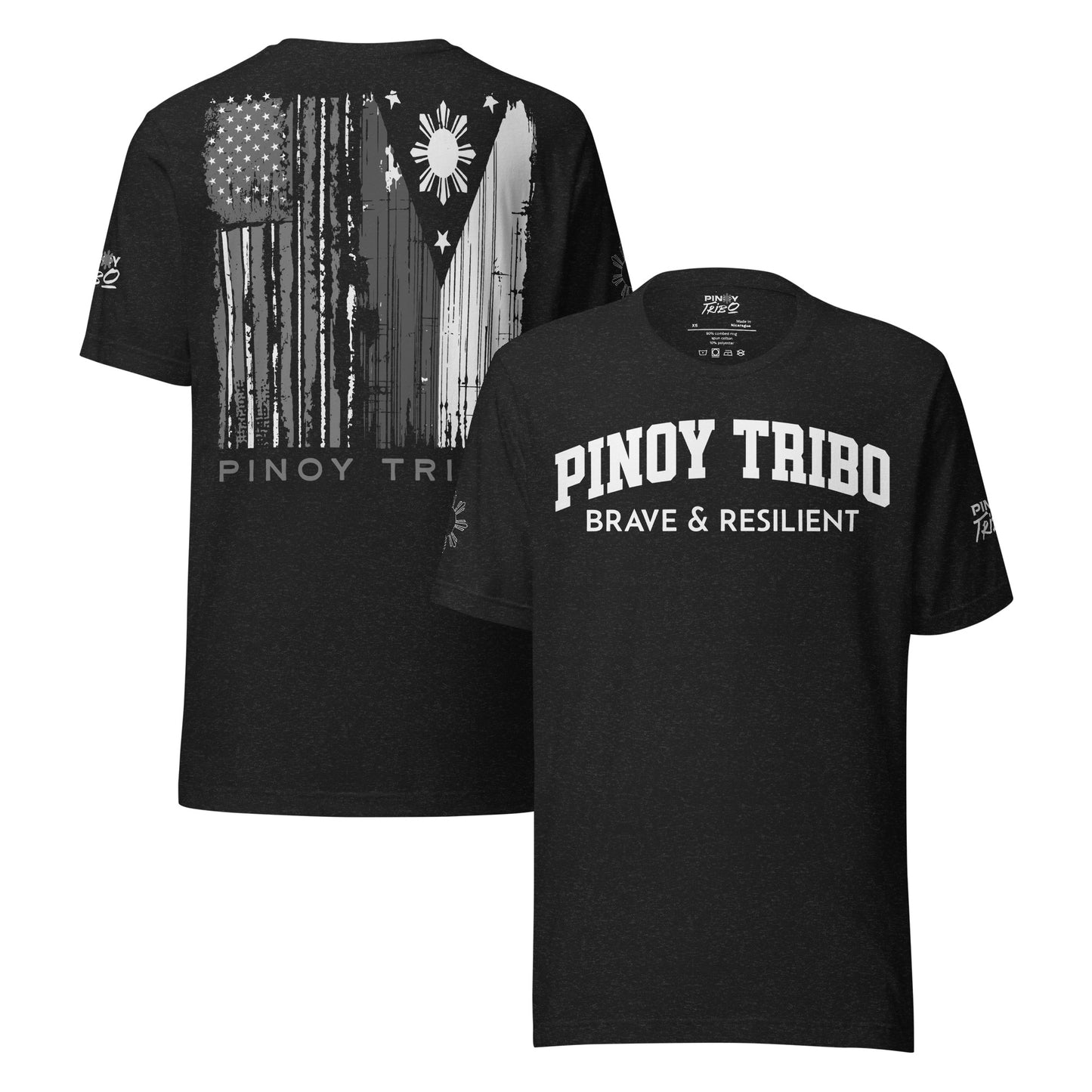 Limited edition Filipino American tee with distressed American and Philippine flags on the back, bold PINOY TRIBO™ Brave & Resilient text on the front, sun star graphic on the right sleeve, and PINOY TRIBO™ logo on the left sleeve.