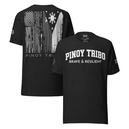 Limited edition Filipino American tee with distressed American and Philippine flags on the back, bold PINOY TRIBO™ Brave & Resilient text on the front, sun star graphic on the right sleeve, and PINOY TRIBO™ logo on the left sleeve.
