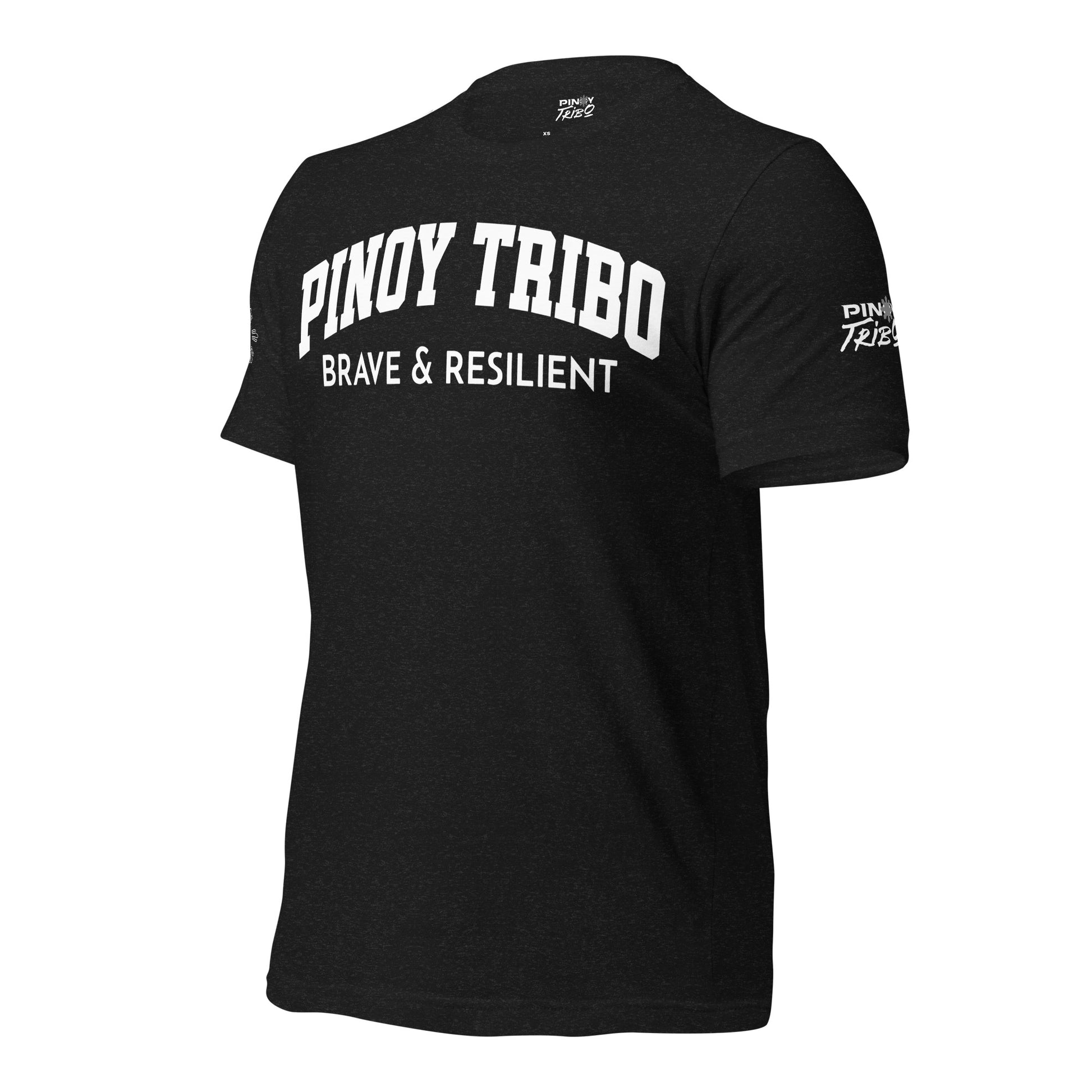 Limited edition Filipino American tee with distressed American and Philippine flags on the back, bold PINOY TRIBO™ Brave & Resilient text on the front, sun star graphic on the right sleeve, and PINOY TRIBO™ logo on the left sleeve.