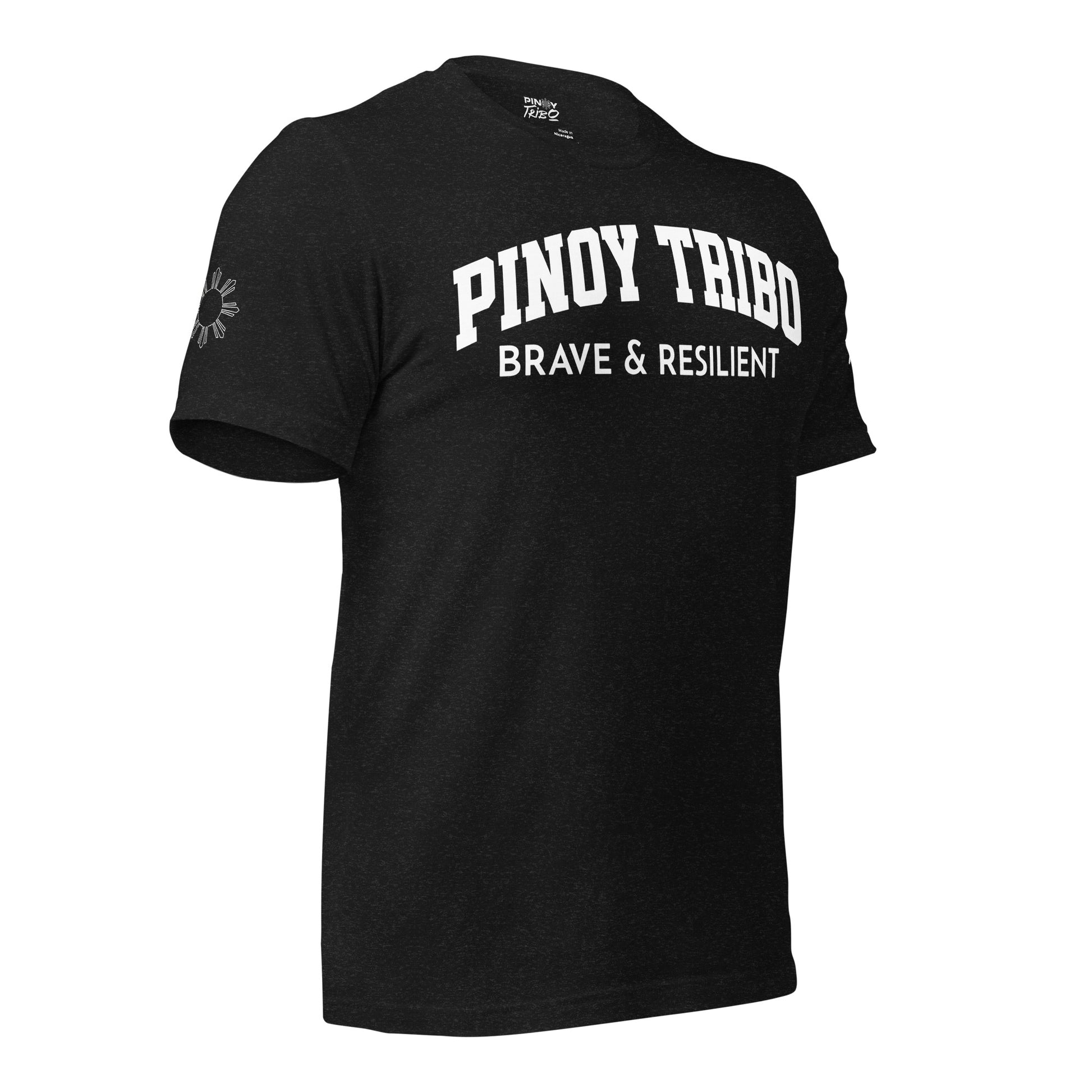 Limited edition Filipino American tee with distressed American and Philippine flags on the back, bold PINOY TRIBO™ Brave & Resilient text on the front, sun star graphic on the right sleeve, and PINOY TRIBO™ logo on the left sleeve.