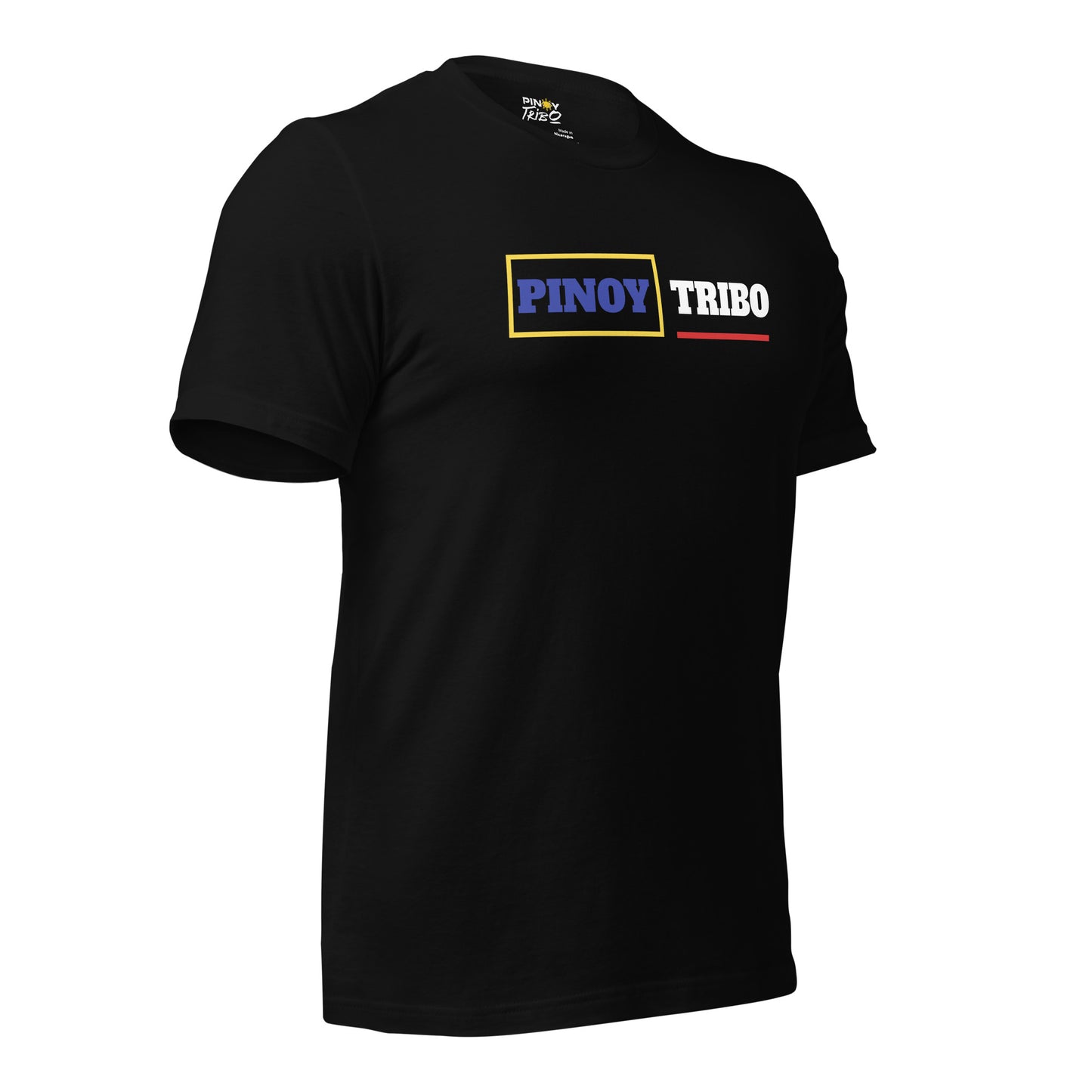 Pinoy Tribo box line graphic tee featuring bold blue, yellow, and red elements symbolizing Filipino pride.