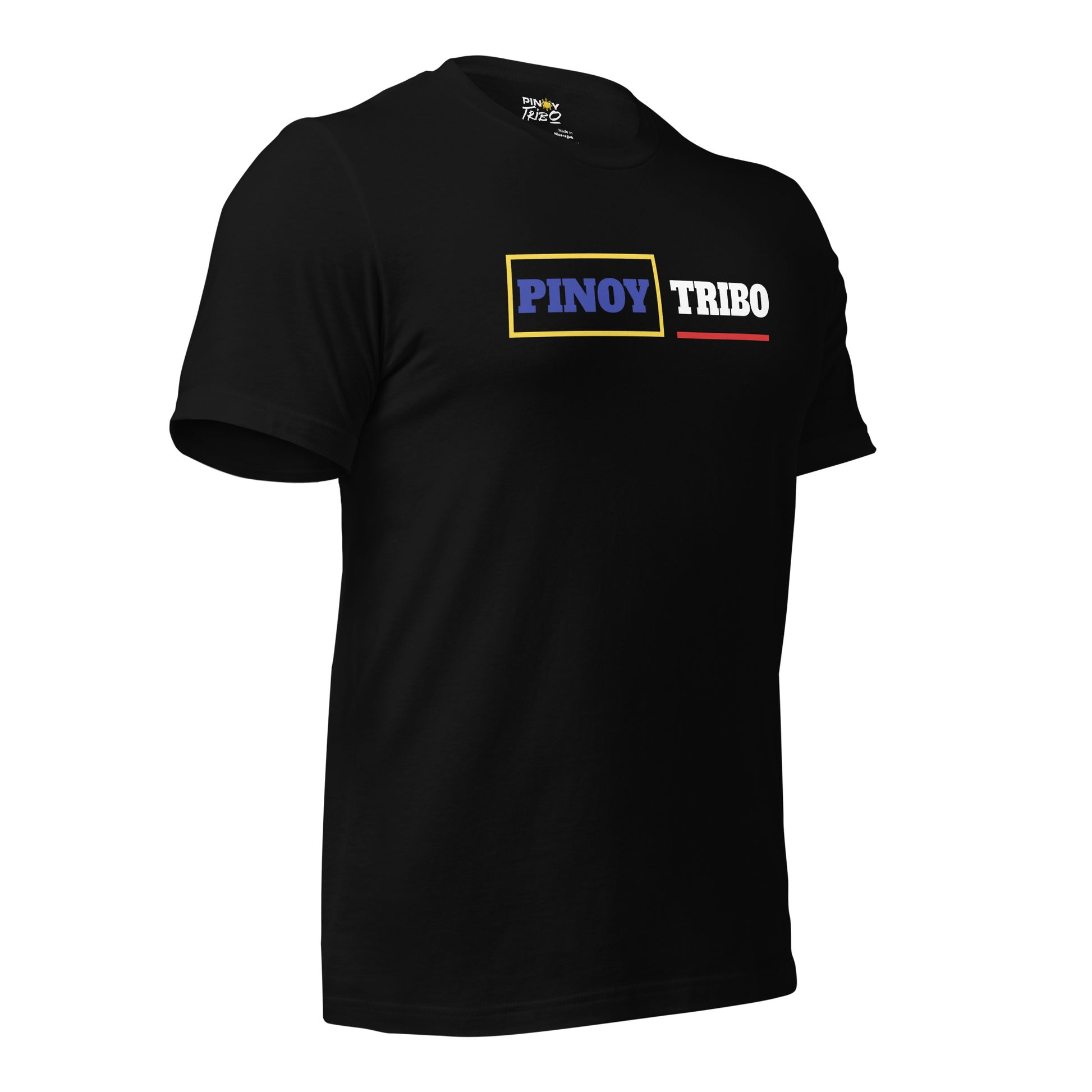 Pinoy Tribo box line graphic tee featuring bold blue, yellow, and red elements symbolizing Filipino pride.