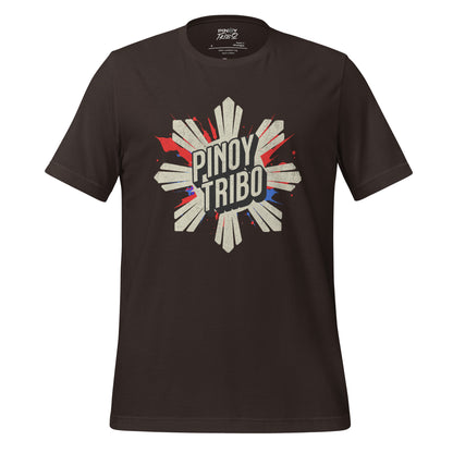 A distressed-style graphic t-shirt featuring a bold sunburst design with red and blue paint splashes, and the text "Pinoy Tribo," symbolizing Filipino pride and culture.