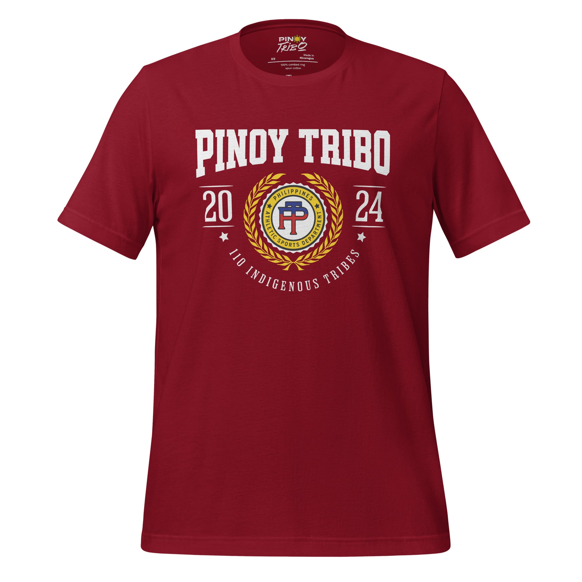 T-shirt featuring a Pinoy Tribo athletic crest design with laurel wreath, '110 Indigenous Tribes,' and 'Philippines Athletic Sports Department' text.