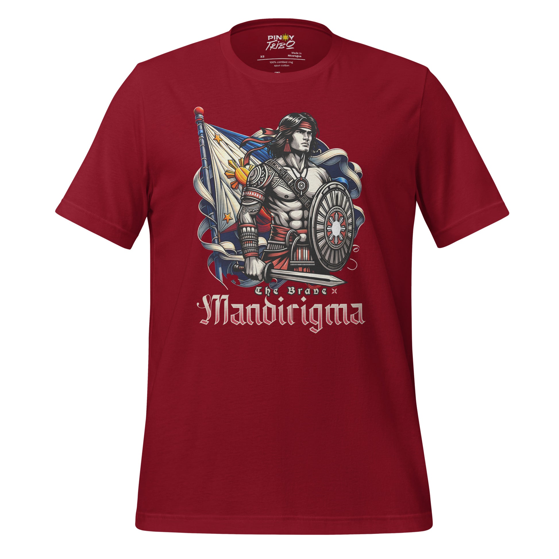 Filipino warrior Mandirigma graphic tee featuring intricate tribal armor, a shield, and the Philippine flag, symbolizing Filipino strength and pride.