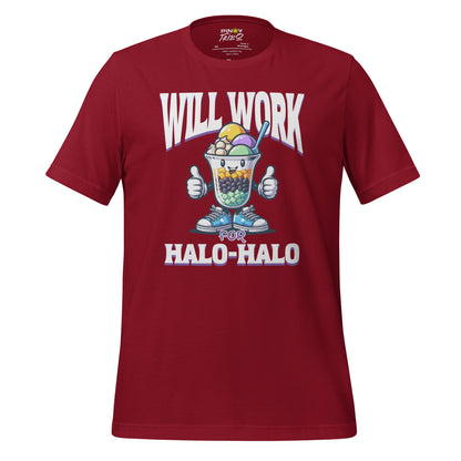 Will Work for Halo-Halo graphic t-shirt featuring a cute, smiling halo-halo dessert character with sneakers and thumbs up, styled in a fun and colorful Filipino-inspired design.