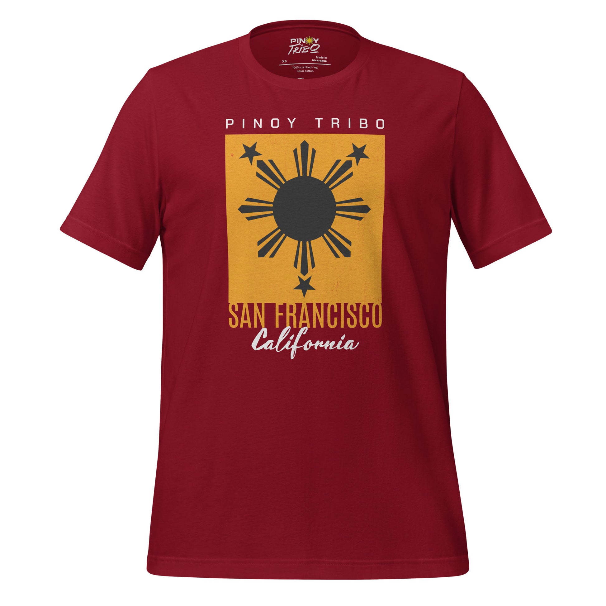 San Francisco California Filipino Sun graphic t-shirt featuring the Philippine sun and three stars in a minimalist, bold design representing Filipino heritage and Pinoy pride.