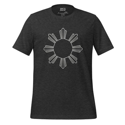 A minimalist t-shirt design featuring a white outline of the iconic Philippine sun, symbolizing Filipino pride and heritage.